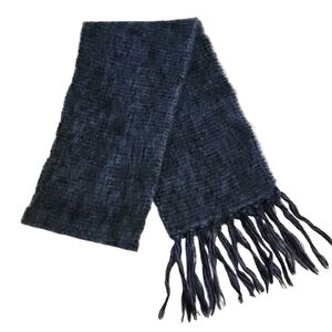VINTAGE Mohair Blend Fringed Scarf navy blue one size